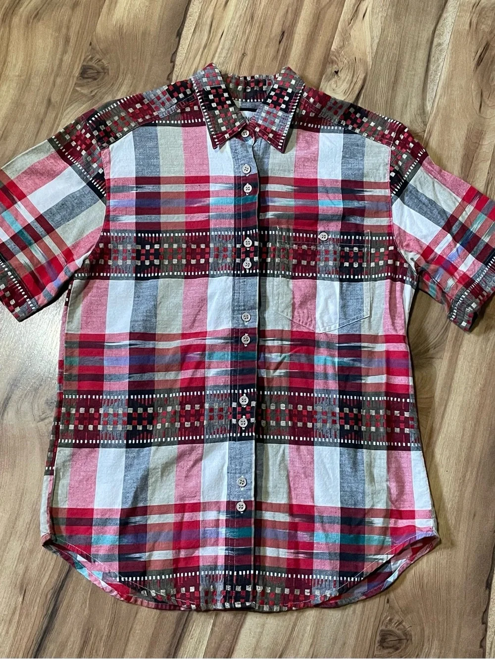 VTG Cabin Creek Geometric Plaid Short Sleeve Shirt S 100% Cotton Retro 90s
